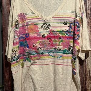 NATURAL LIFE Cream V-Neck Top with Multicolor Floral Design